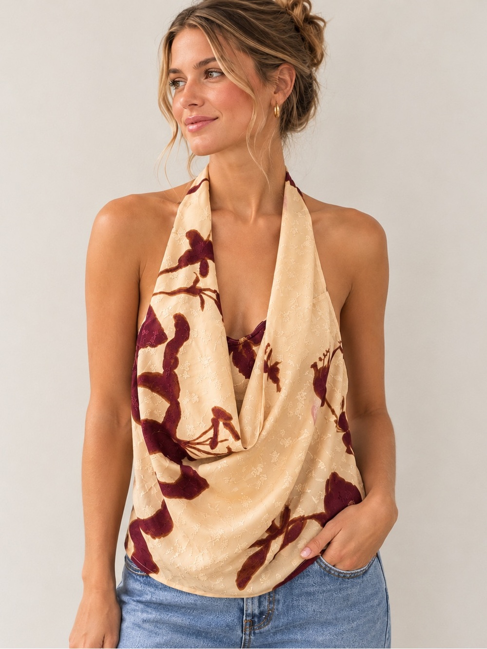 Free People Halter Cowl Neck Top — Beige & Burgundy